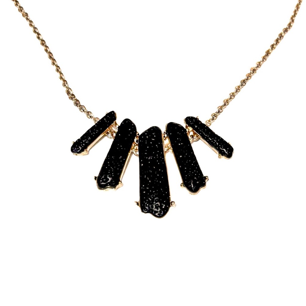 NEW - Elegant Statement Black Druzy Stones & Gold Waterfall Pendants Necklace - Picture 2 of 5